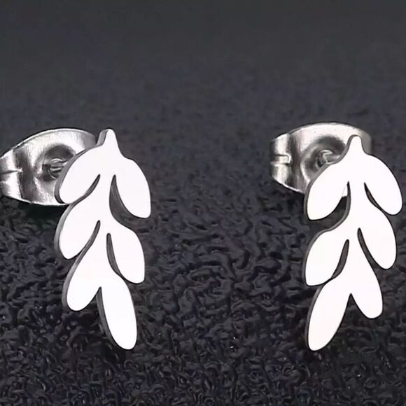 Dainty Silver Leaf Branch Stud Earrings - Picture 3 of 6